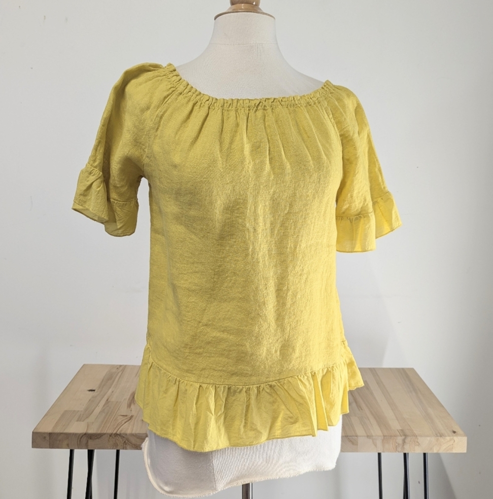 Italian Linen Yellow Ruffle Sleeve Top Terzo Millennio Scoop Elastic Neckline S